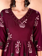Embroidered & Ethnic Motifs Printed Flared Kurta With Pant & Dupatta, Purple - Hiral Fashion | Grocsy