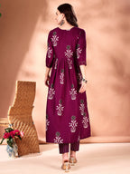 Embroidered & Ethnic Motifs Printed Flared Kurta With Pant & Dupatta, Purple - Hiral Fashion | Grocsy