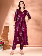 Embroidered & Ethnic Motifs Printed Flared Kurta With Pant & Dupatta, Purple - Hiral Fashion | Grocsy