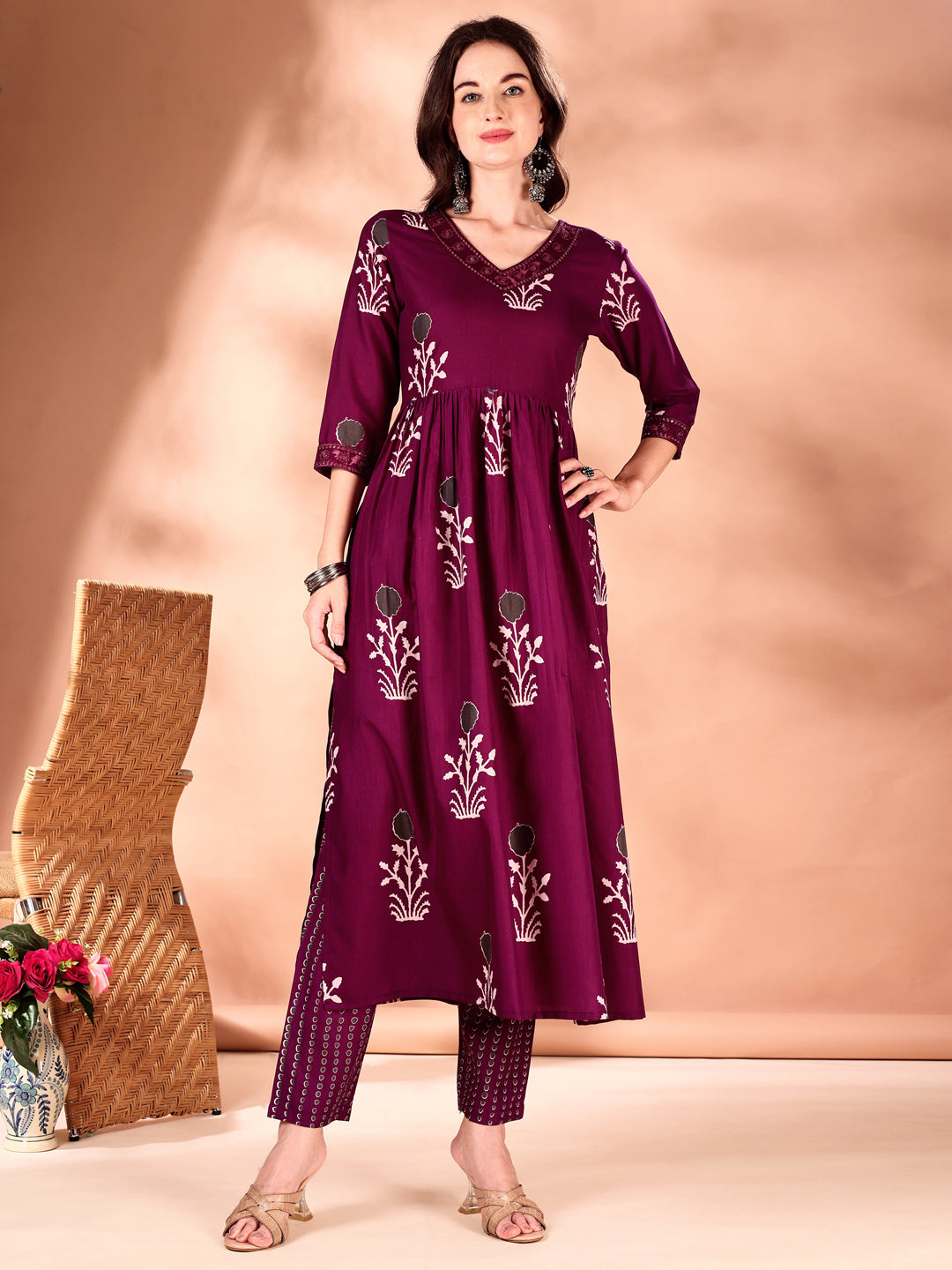 Embroidered & Ethnic Motifs Printed Flared Kurta With Pant & Dupatta, Purple - Hiral Fashion | Grocsy