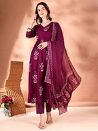 Embroidered & Ethnic Motifs Printed Flared Kurta With Pant & Dupatta, Purple - Hiral Fashion | Grocsy