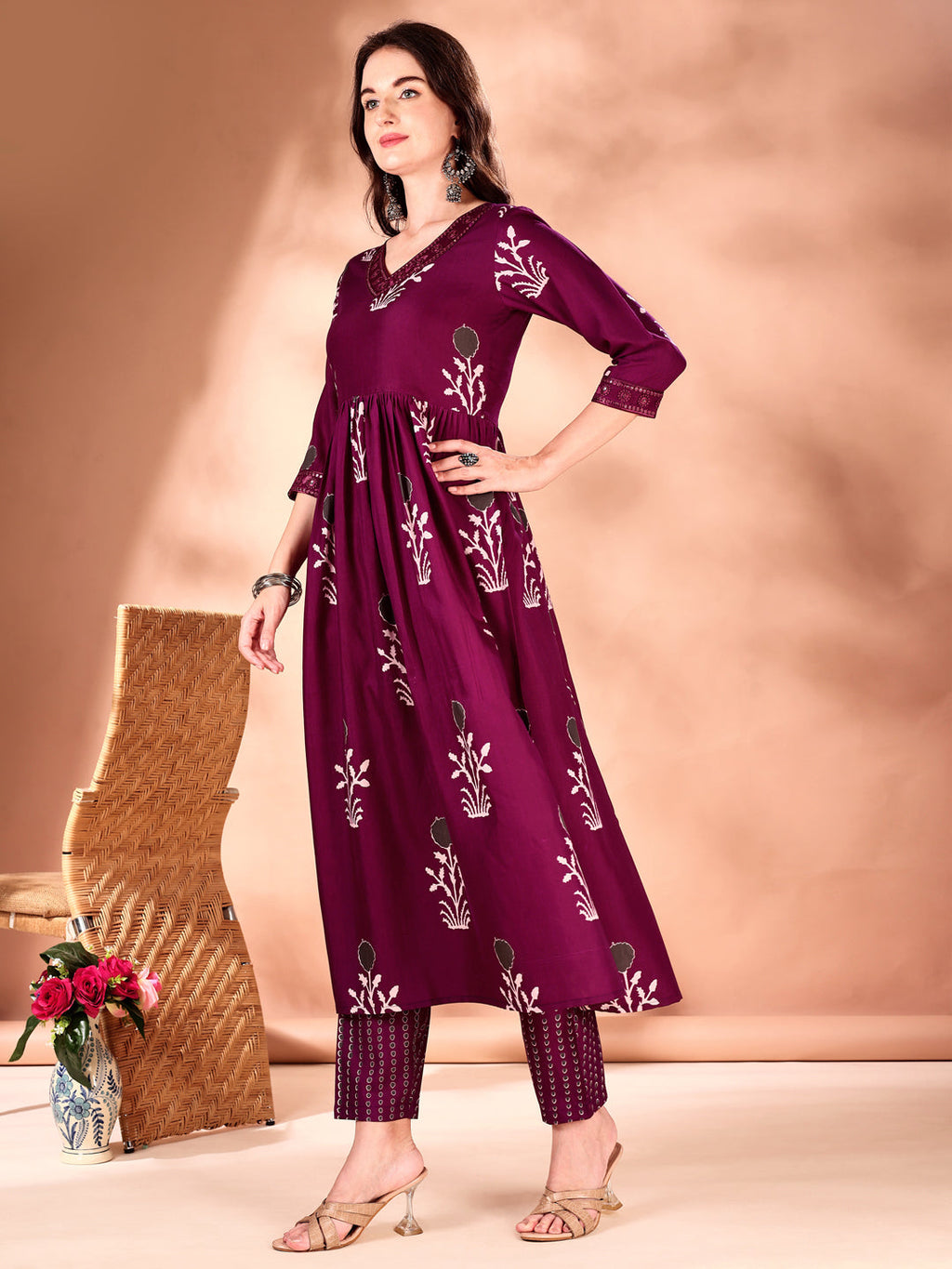 Embroidered & Ethnic Motifs Printed Flared Kurta With Pant & Dupatta, Purple - Hiral Fashion | Grocsy