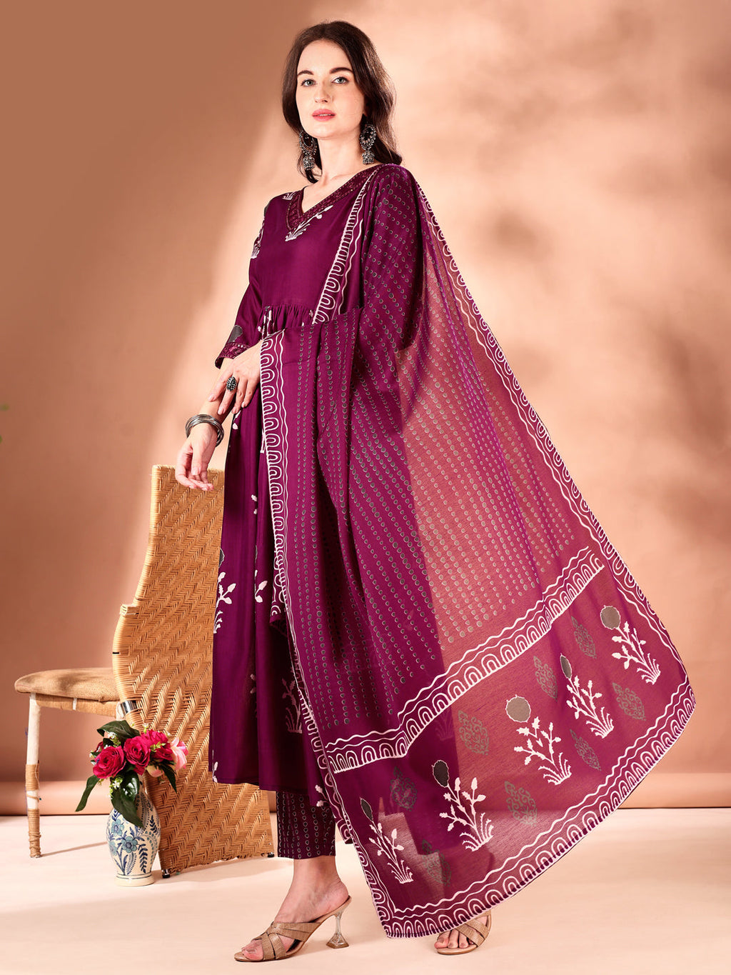 Embroidered & Ethnic Motifs Printed Flared Kurta With Pant & Dupatta, Purple - Hiral Fashion | Grocsy