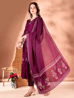 Embroidered & Ethnic Motifs Printed Flared Kurta With Pant & Dupatta, Purple - Hiral Fashion | Grocsy
