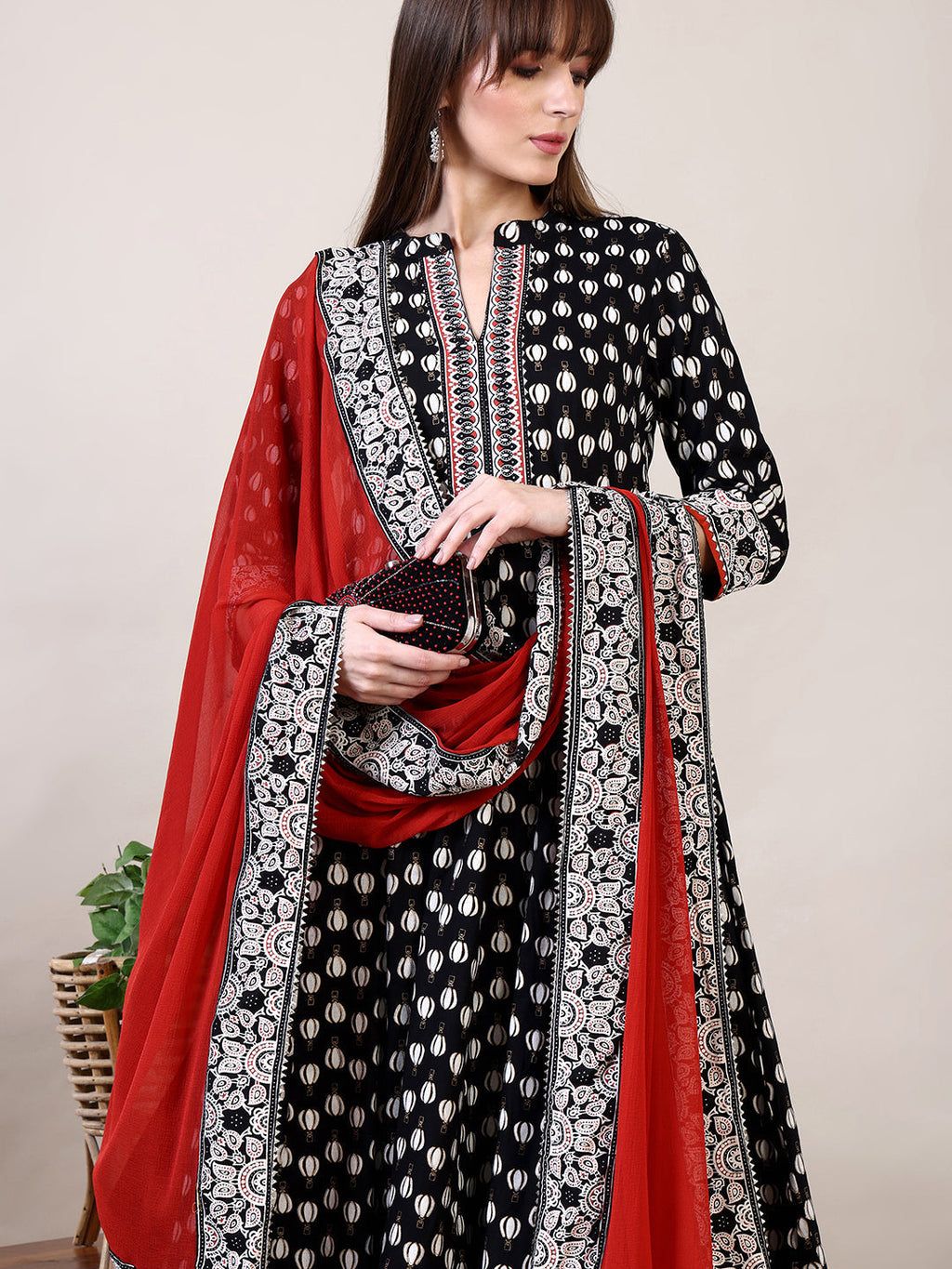 Khari Printed Anarkali Flared Kurta With Pant & Dupatta, Black - Hiral Fashion | Grocsy