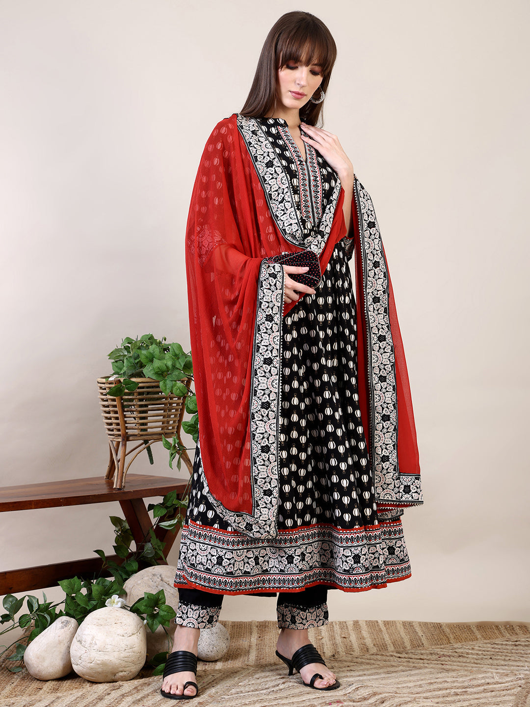 Khari Printed Anarkali Flared Kurta With Pant & Dupatta, Black - Hiral Fashion | Grocsy