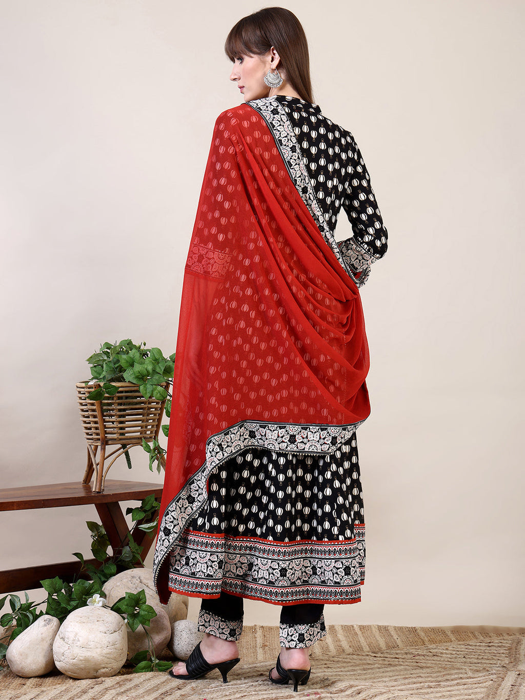 Khari Printed Anarkali Flared Kurta With Pant & Dupatta, Black - Hiral Fashion | Grocsy