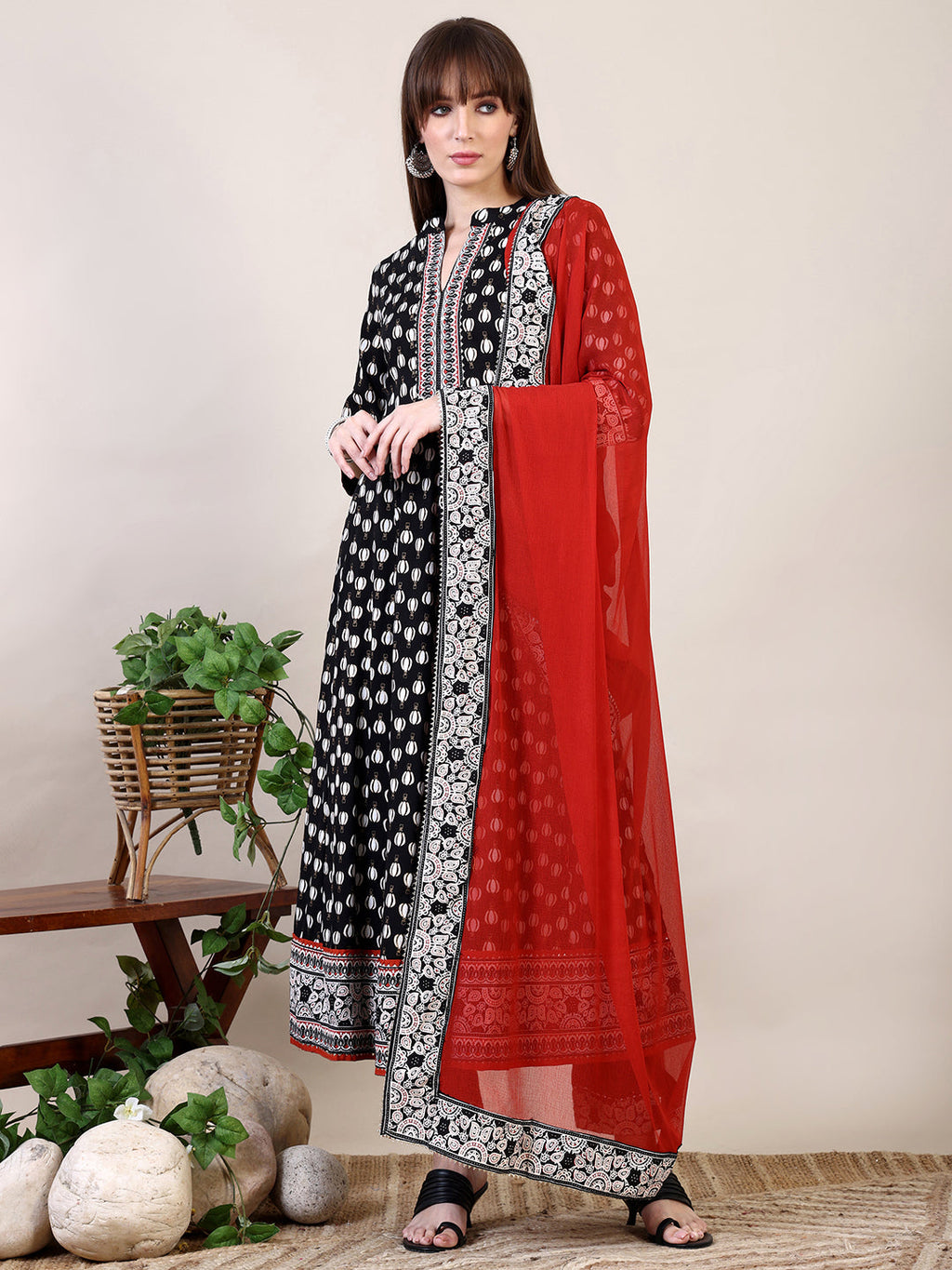 Khari Printed Anarkali Flared Kurta With Pant & Dupatta, Black - Hiral Fashion | Grocsy