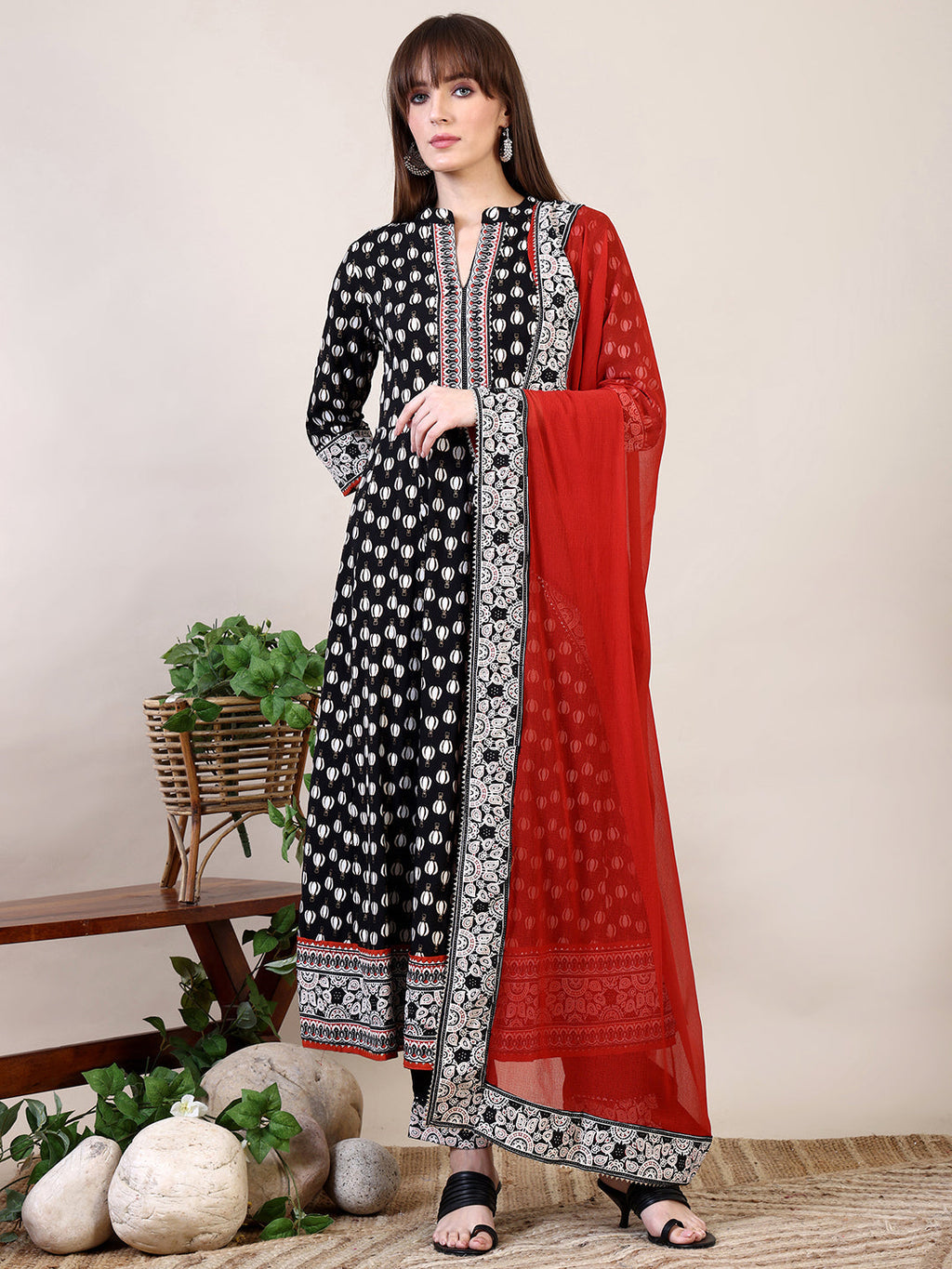 Khari Printed Anarkali Flared Kurta With Pant & Dupatta, Black - Hiral Fashion | Grocsy