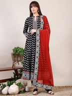 Khari Printed Anarkali Flared Kurta With Pant & Dupatta, Black - Hiral Fashion | Grocsy