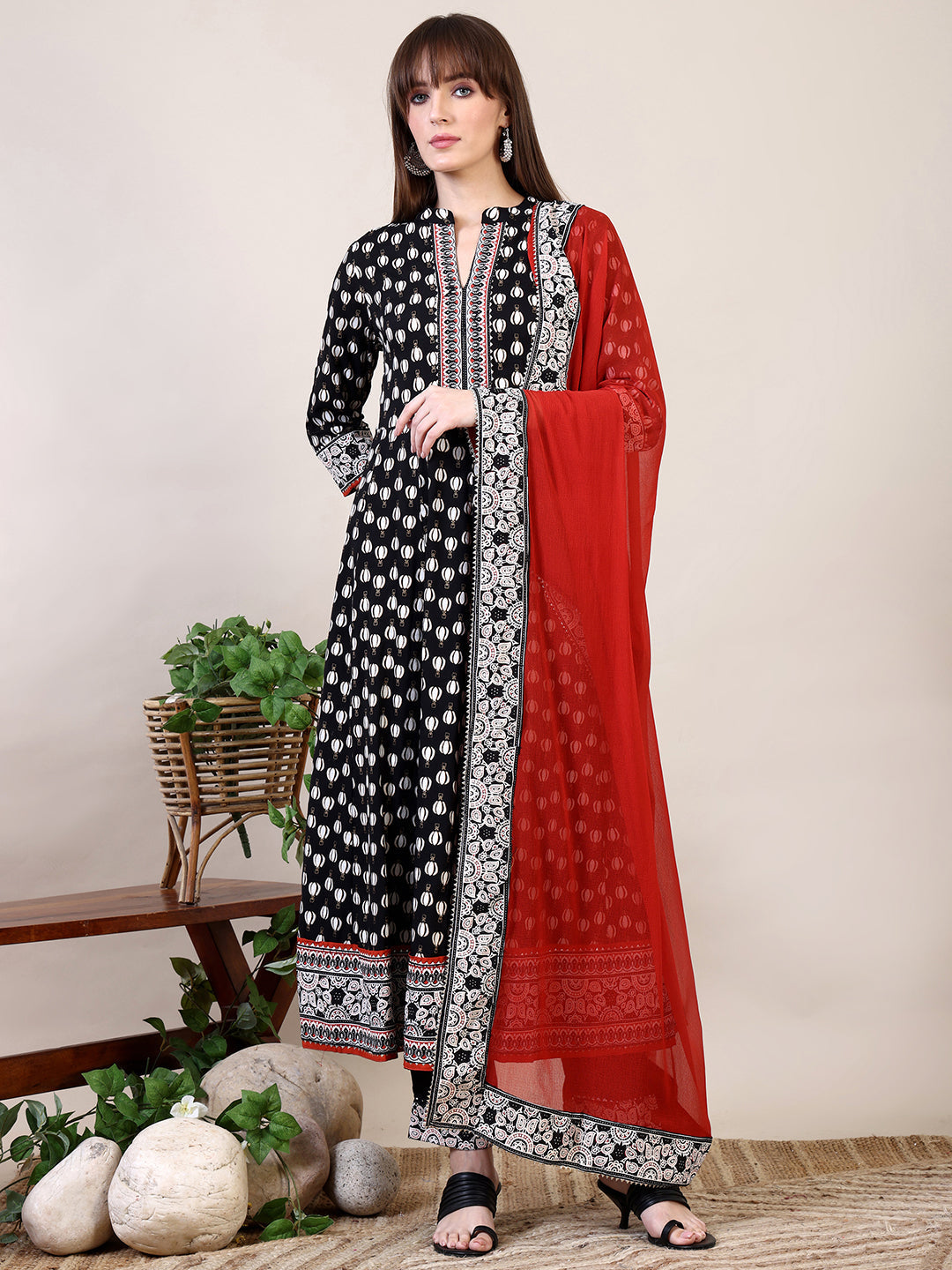 Khari Printed Anarkali Flared Kurta With Pant & Dupatta, Black - Hiral Fashion | Grocsy