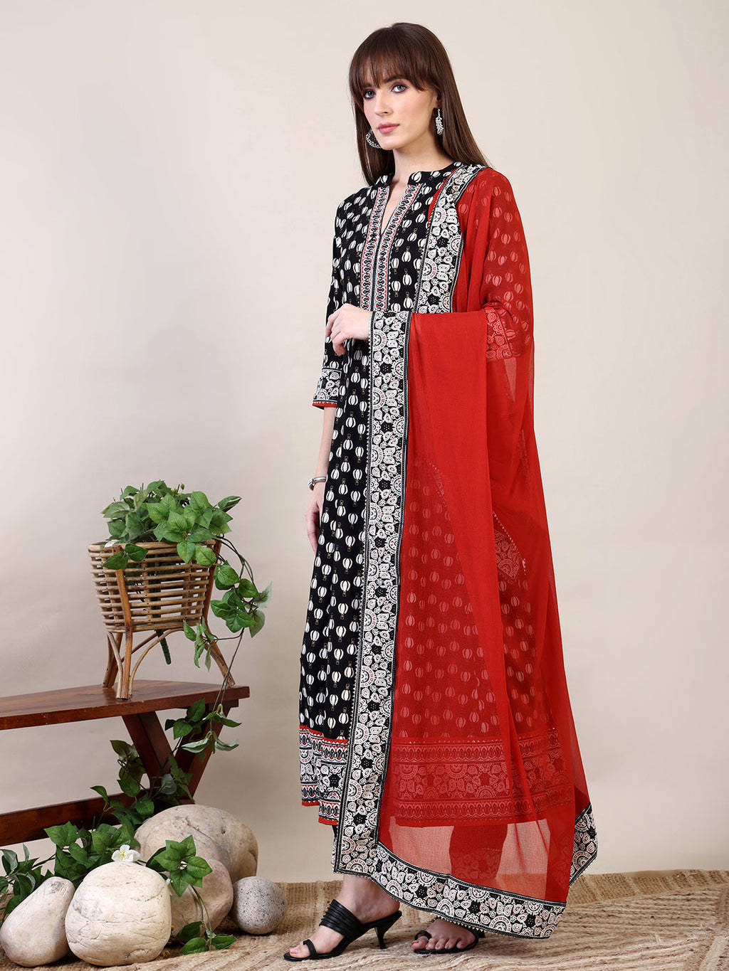 Khari Printed Anarkali Flared Kurta With Pant & Dupatta, Black - Hiral Fashion | Grocsy