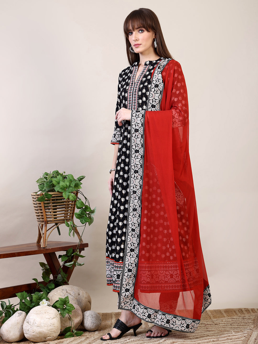 Khari Printed Anarkali Flared Kurta With Pant & Dupatta, Black - Hiral Fashion | Grocsy