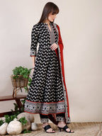 Khari Printed Anarkali Flared Kurta With Pant & Dupatta, Black - Hiral Fashion | Grocsy
