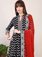 Khari Printed Anarkali Flared Kurta With Pant & Dupatta, Black - Hiral Fashion | Grocsy
