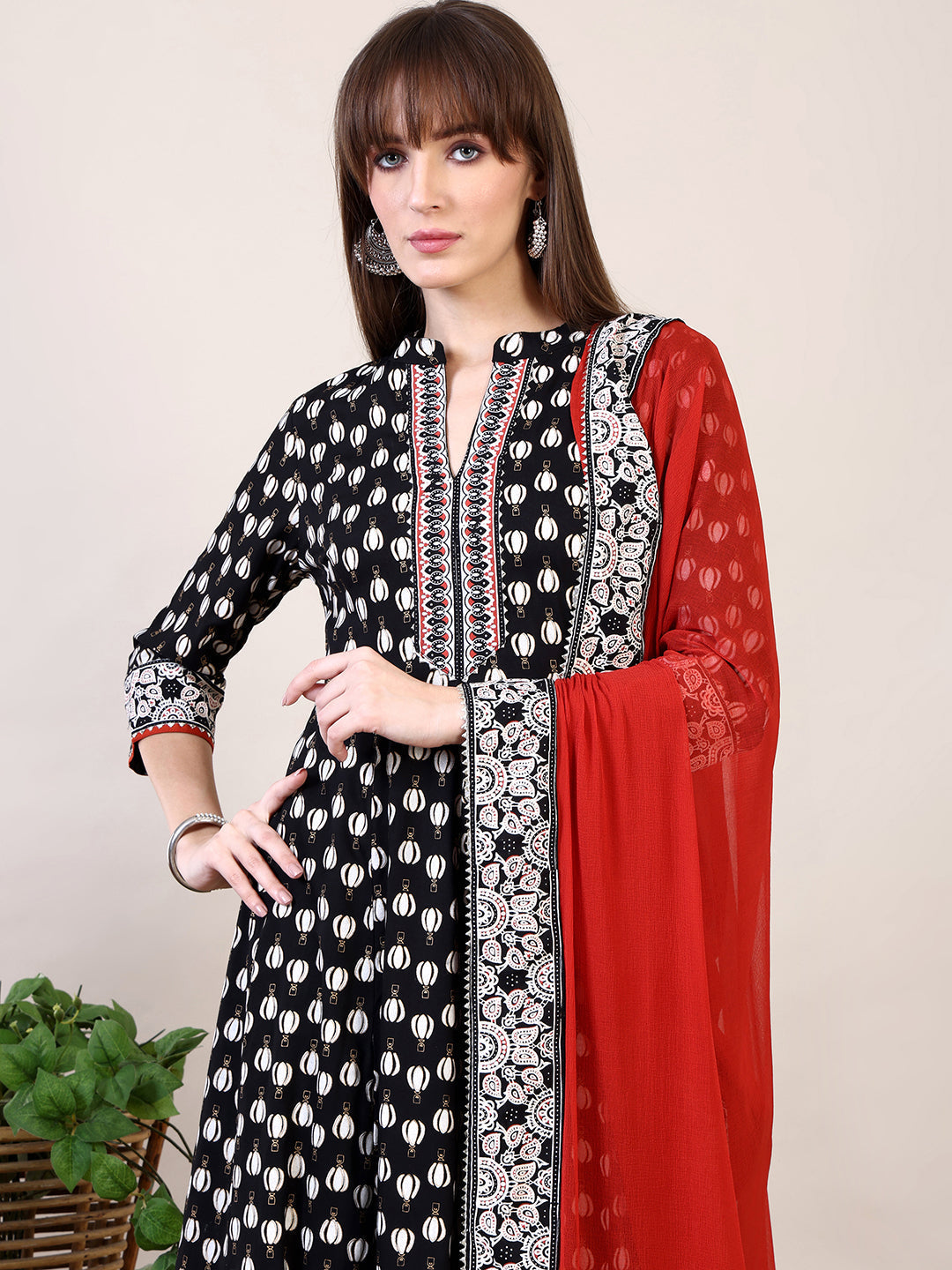 Khari Printed Anarkali Flared Kurta With Pant & Dupatta, Black - Hiral Fashion | Grocsy