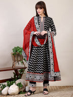 Khari Printed Anarkali Flared Kurta With Pant & Dupatta, Black - Hiral Fashion | Grocsy