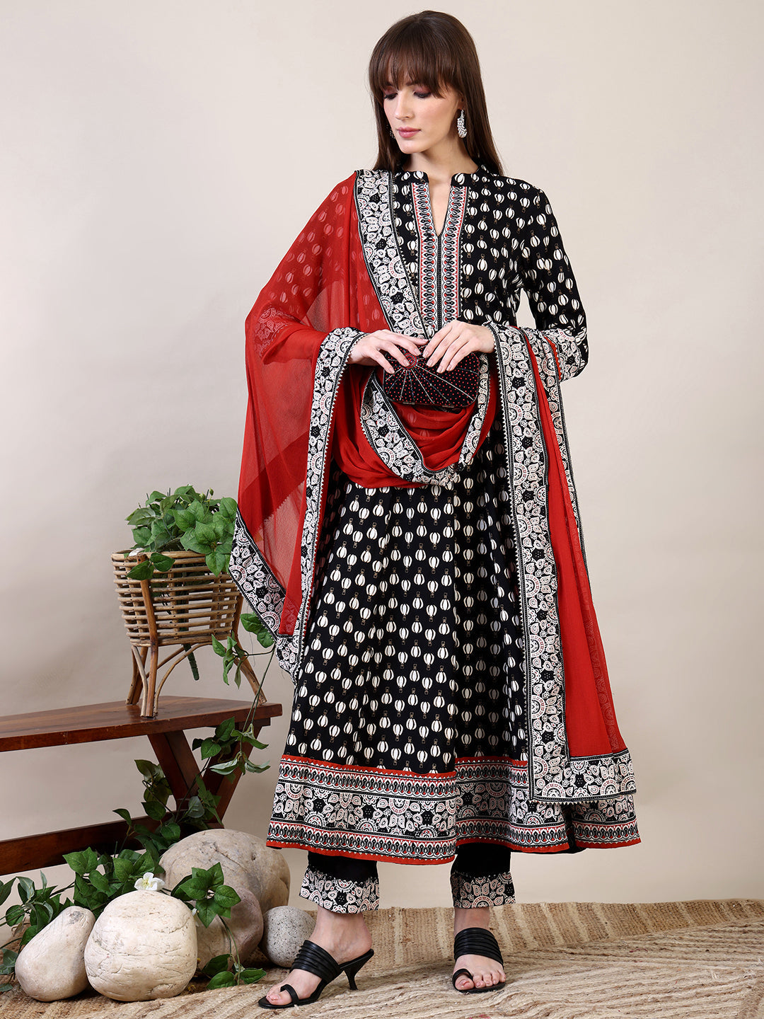 Khari Printed Anarkali Flared Kurta With Pant & Dupatta, Black - Hiral Fashion | Grocsy