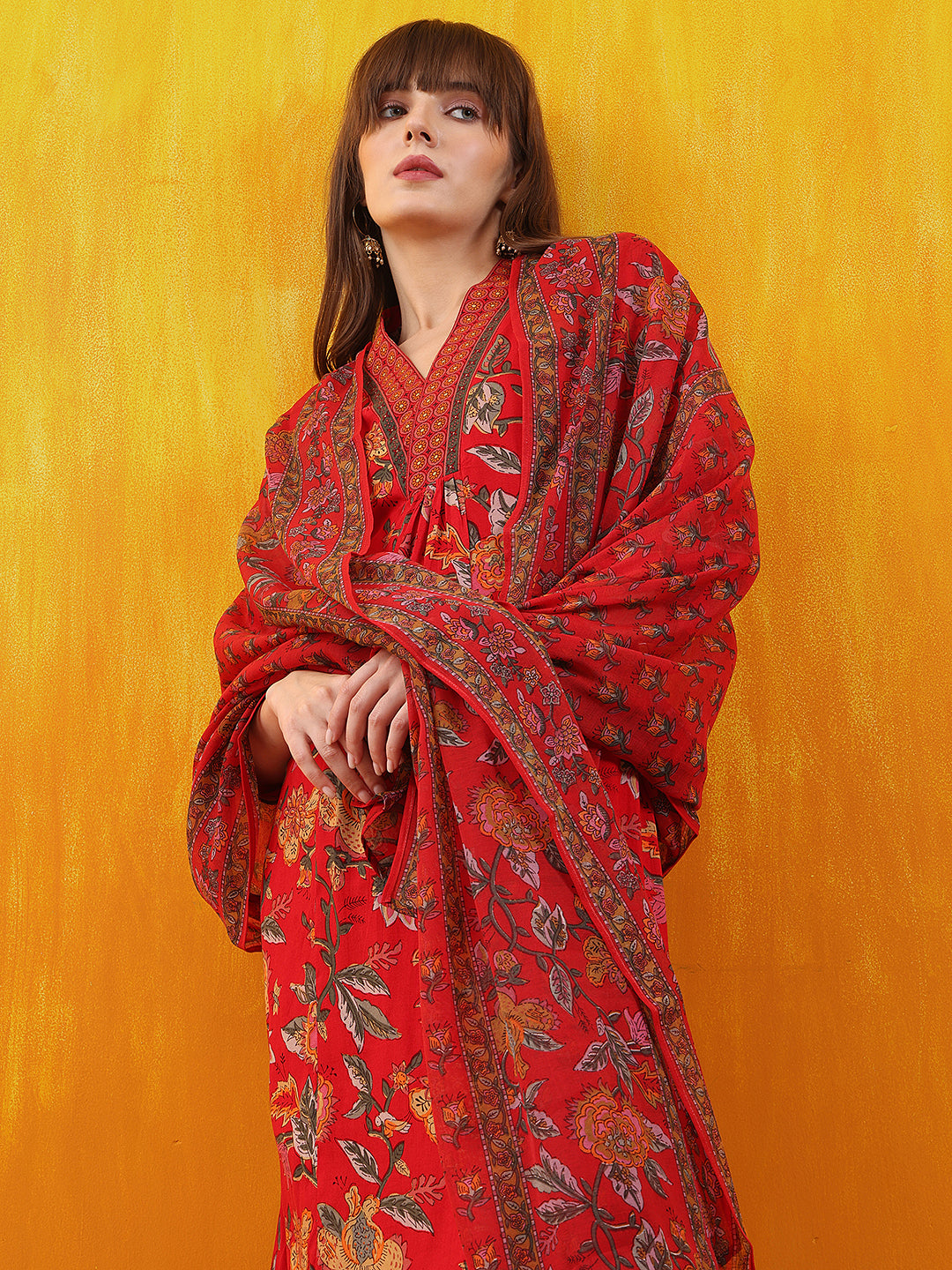 Floral Printed A-Line Flared Kurta With Palazzo & Dupatta, Red - Hiral Fashion | Grocsy