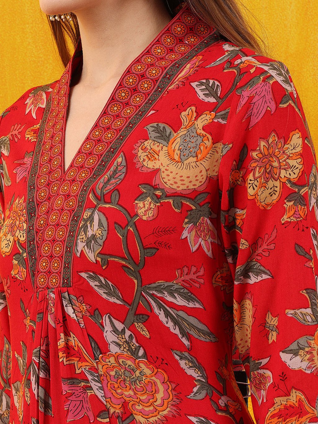 Floral Printed A-Line Flared Kurta With Palazzo & Dupatta, Red - Hiral Fashion | Grocsy