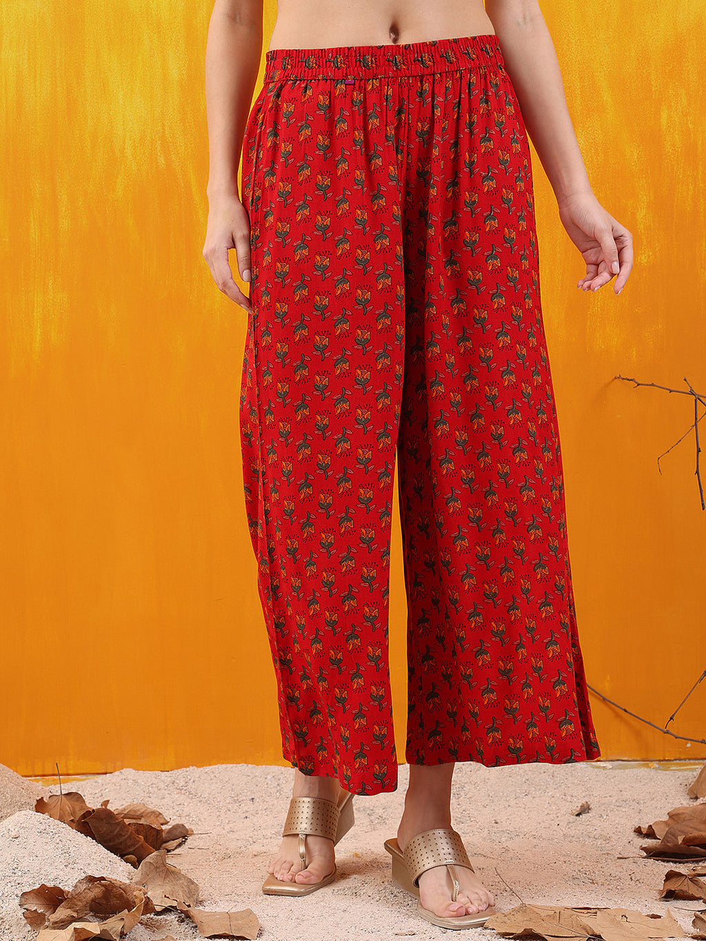 Floral Printed A-Line Flared Kurta With Palazzo & Dupatta, Red - Hiral Fashion | Grocsy