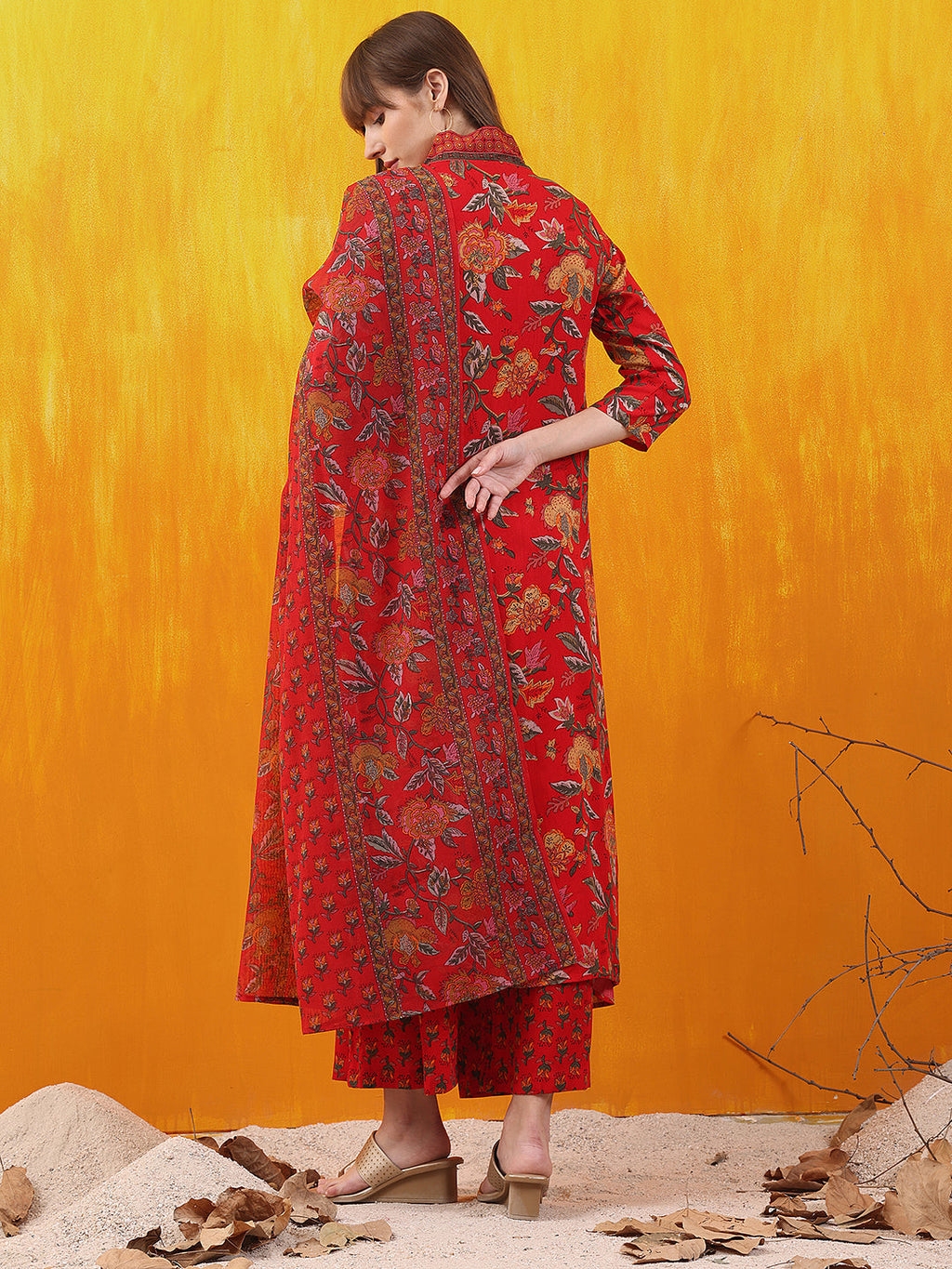 Floral Printed A-Line Flared Kurta With Palazzo & Dupatta, Red - Hiral Fashion | Grocsy