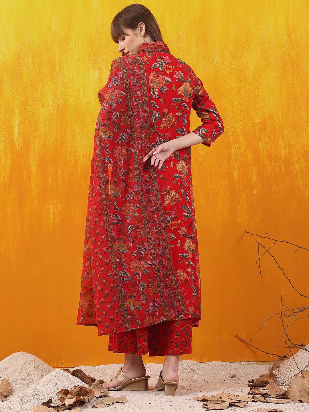 Floral Printed A-Line Flared Kurta With Palazzo & Dupatta, Red - Hiral Fashion | Grocsy