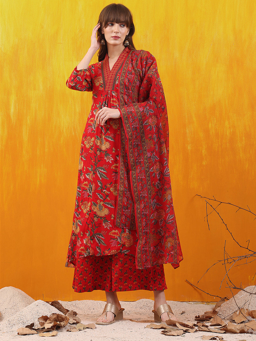 Floral Printed A-Line Flared Kurta With Palazzo & Dupatta, Red - Hiral Fashion | Grocsy