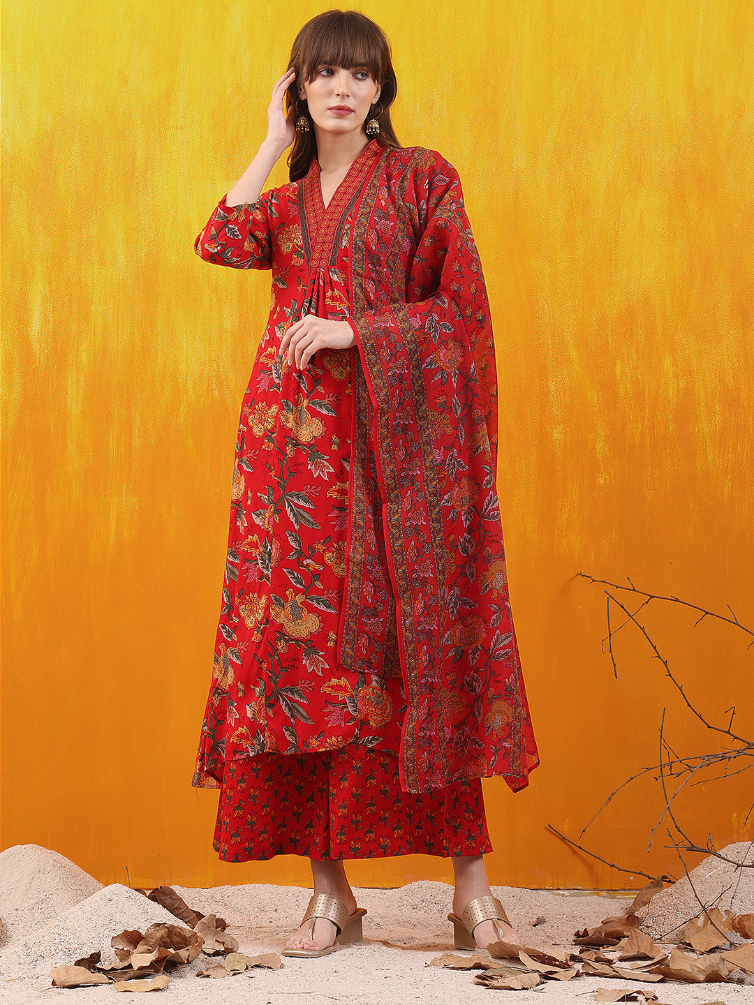Floral Printed A-Line Flared Kurta With Palazzo & Dupatta, Red - Hiral Fashion | Grocsy