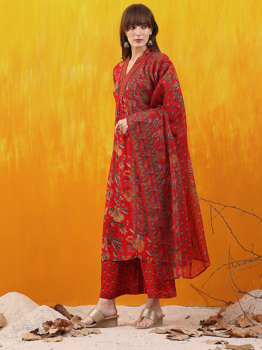 Floral Printed A-Line Flared Kurta With Palazzo & Dupatta, Red - Hiral Fashion | Grocsy