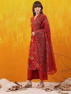 Floral Printed A-Line Flared Kurta With Palazzo & Dupatta, Red - Hiral Fashion | Grocsy