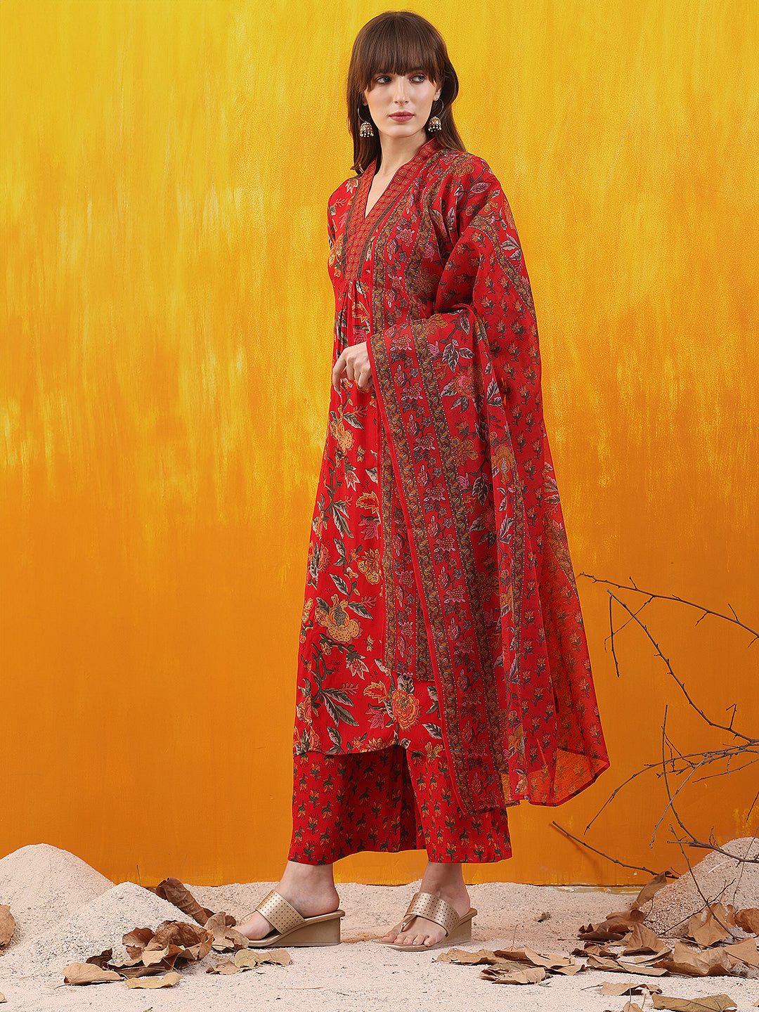 Floral Printed A-Line Flared Kurta With Palazzo & Dupatta, Red - Hiral Fashion | Grocsy