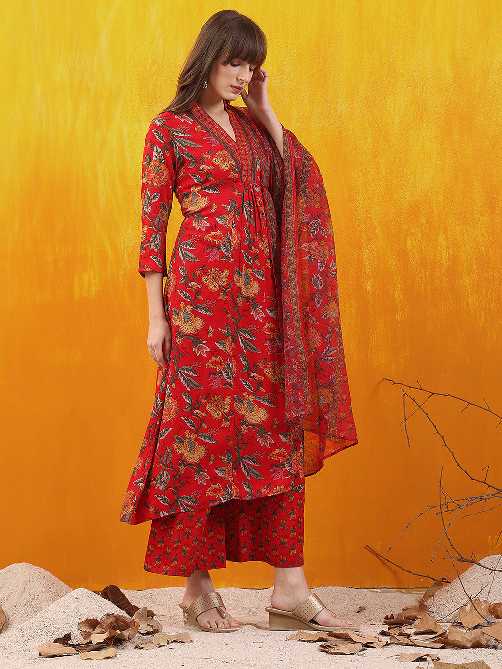 Floral Printed A-Line Flared Kurta With Palazzo & Dupatta, Red - Hiral Fashion | Grocsy