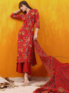 Floral Printed A-Line Flared Kurta With Palazzo & Dupatta, Red - Hiral Fashion | Grocsy