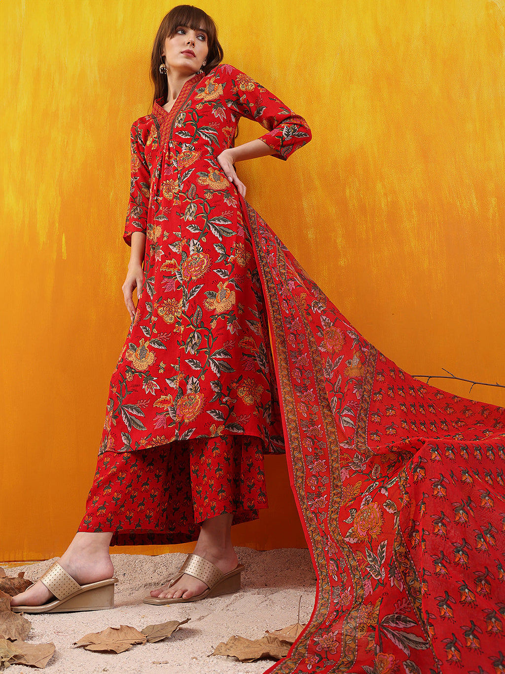Floral Printed A-Line Flared Kurta With Palazzo & Dupatta, Red - Hiral Fashion | Grocsy