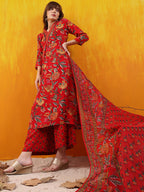 Floral Printed A-Line Flared Kurta With Palazzo & Dupatta, Red - Hiral Fashion | Grocsy