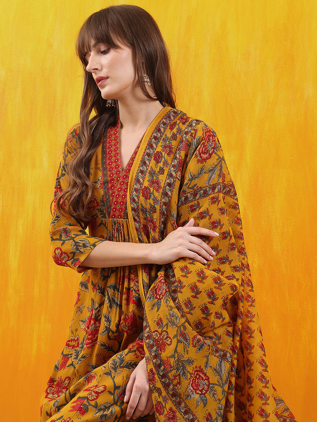 Floral Printed A-Line Flared Kurta With Palazzo & Dupatta, Mustard - Hiral Fashion | Grocsy