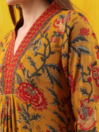 Floral Printed A-Line Flared Kurta With Palazzo & Dupatta, Mustard - Hiral Fashion | Grocsy
