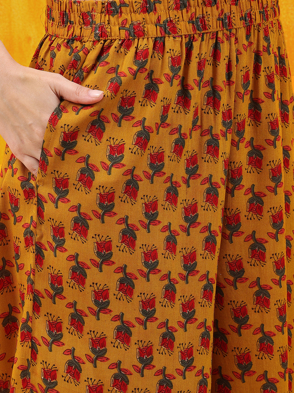 Floral Printed A-Line Flared Kurta With Palazzo & Dupatta, Mustard - Hiral Fashion | Grocsy