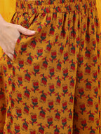 Floral Printed A-Line Flared Kurta With Palazzo & Dupatta, Mustard - Hiral Fashion | Grocsy