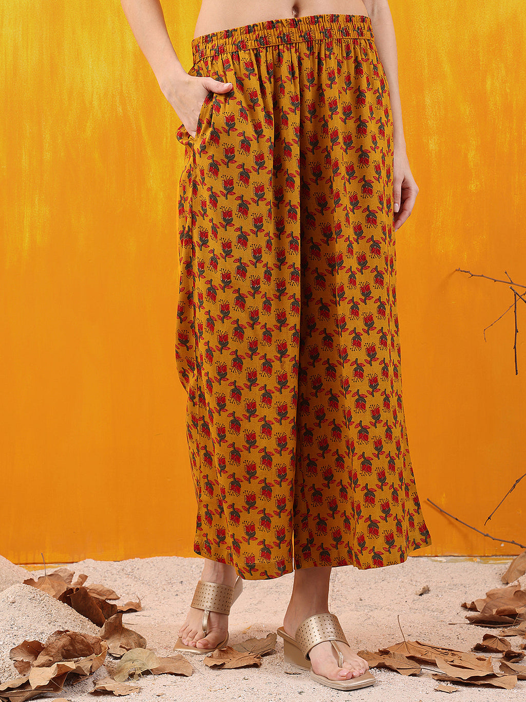 Floral Printed A-Line Flared Kurta With Palazzo & Dupatta, Mustard - Hiral Fashion | Grocsy