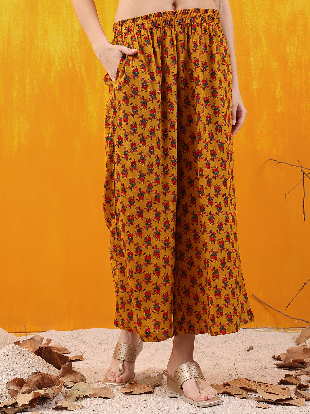 Floral Printed A-Line Flared Kurta With Palazzo & Dupatta, Mustard - Hiral Fashion | Grocsy