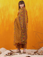 Floral Printed A-Line Flared Kurta With Palazzo & Dupatta, Mustard - Hiral Fashion | Grocsy
