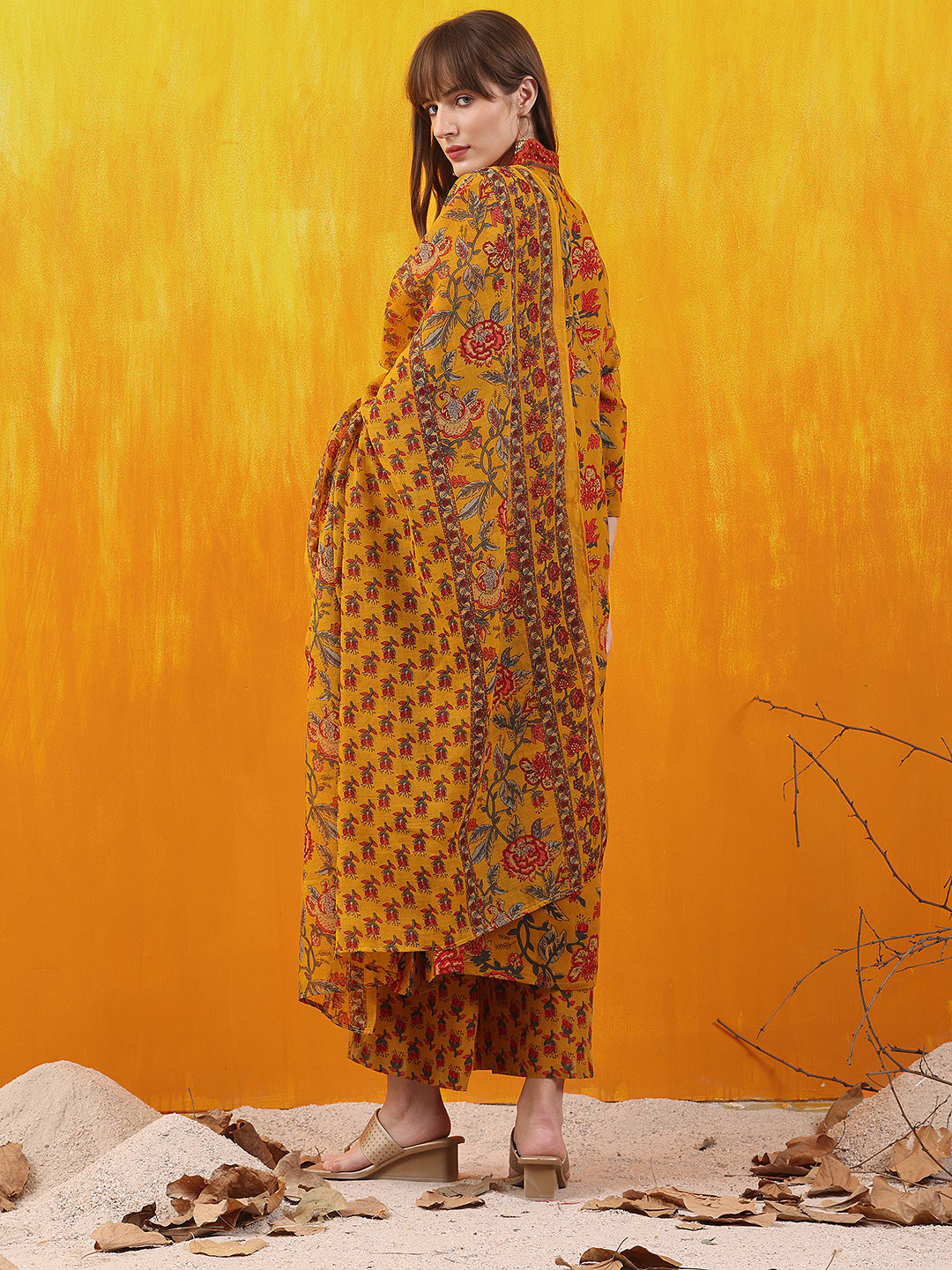 Floral Printed A-Line Flared Kurta With Palazzo & Dupatta, Mustard - Hiral Fashion | Grocsy