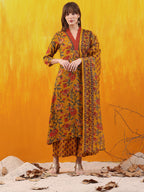 Floral Printed A-Line Flared Kurta With Palazzo & Dupatta, Mustard - Hiral Fashion | Grocsy