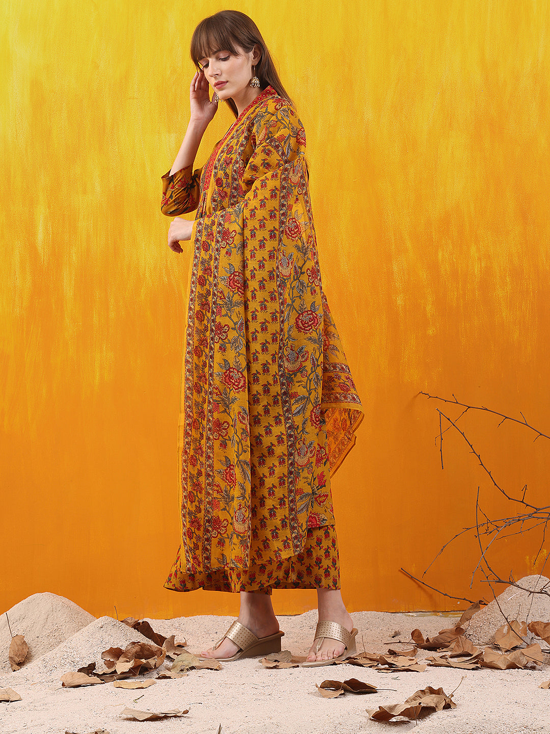 Floral Printed A-Line Flared Kurta With Palazzo & Dupatta, Mustard - Hiral Fashion | Grocsy