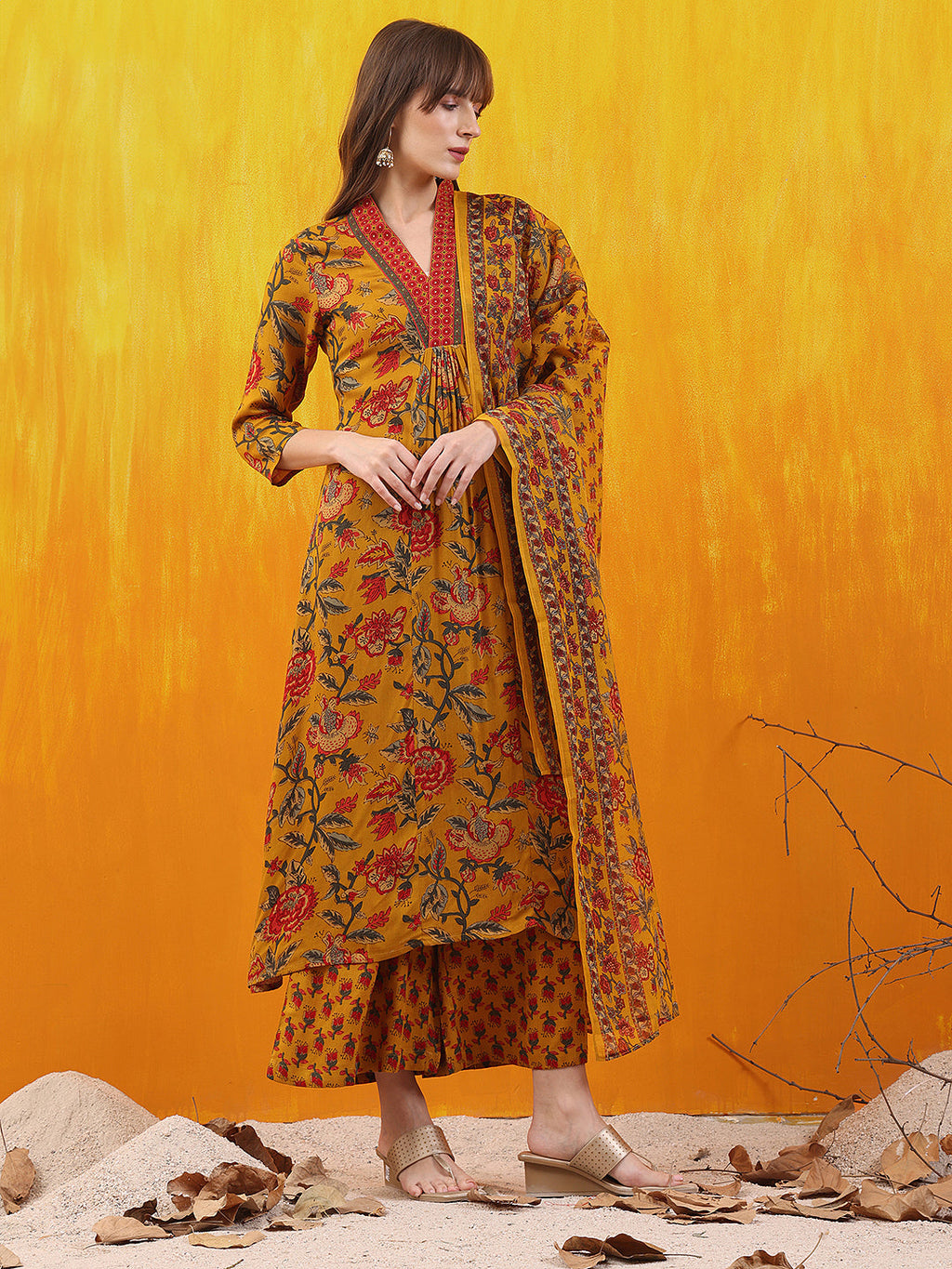 Floral Printed A-Line Flared Kurta With Palazzo & Dupatta, Mustard - Hiral Fashion | Grocsy