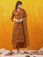 Floral Printed A-Line Flared Kurta With Palazzo & Dupatta, Mustard - Hiral Fashion | Grocsy