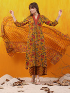 Floral Printed A-Line Flared Kurta With Palazzo & Dupatta, Mustard - Hiral Fashion | Grocsy