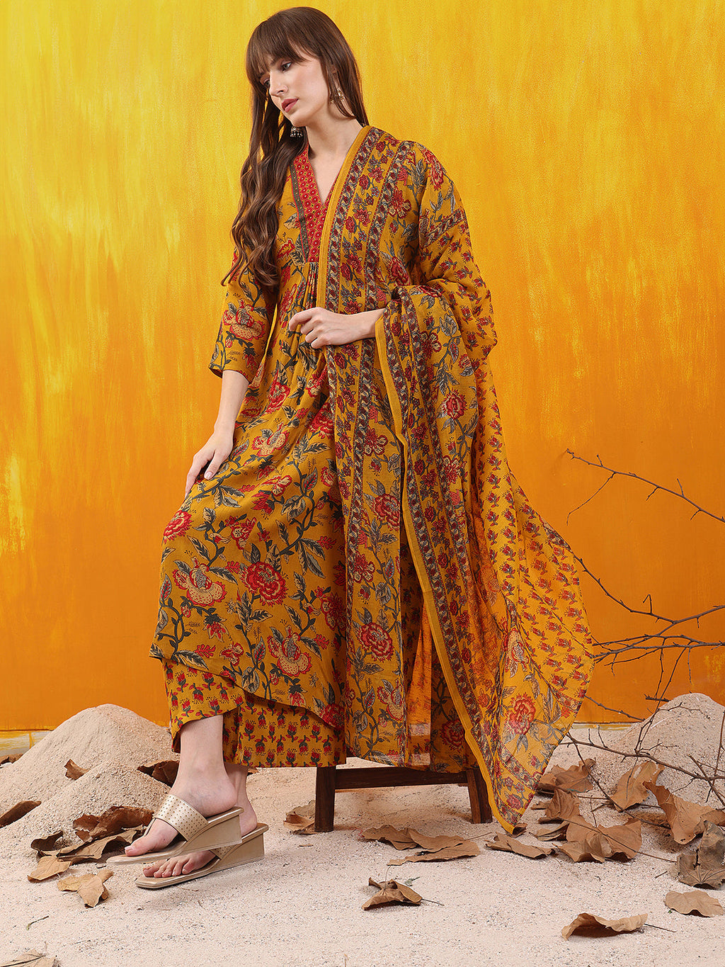 Floral Printed A-Line Flared Kurta With Palazzo & Dupatta, Mustard - Hiral Fashion | Grocsy